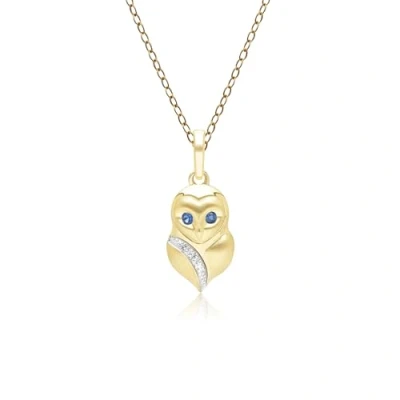Image of Gardenia Sapphire and White Owl Pendant Necklace in 9ct Yellow Gold