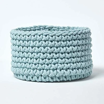 Image of HOMESCAPES Pastel Blue Knitted Storage Basket Round W37 x H21cm 100% Cotton Fabric Toys Matching with Pouffes