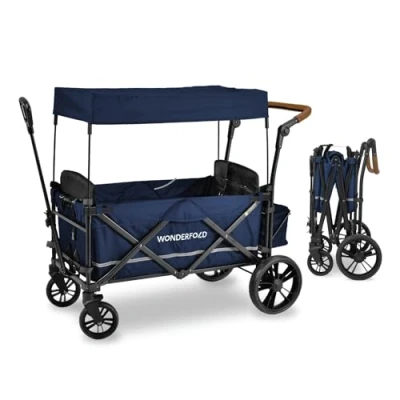 Image of WONDERFOLD X2 Push &amp; Pull Double Stroller Wagon (2 Seater) Featuring 5 Point Harnesses, Adjustable Handle, Telescopic and Removable UV Protection Canopy, Midnight Blue