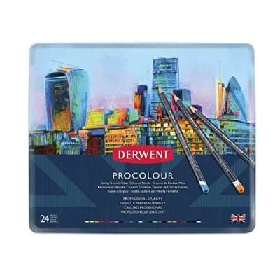 Image of Derwent Procolour Pencils Set Of 24 In Tin, 4mm Round Core, Premium Core Strength, Smooth Texture, Ideal For Fine Art Drawing &amp; Colouring, Professional Quality, 2302506