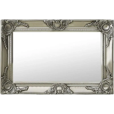 Image of vidaXL Wall Mount Dressing Room Mirror, Wooden Frame Mirror Baroque Style 60x40cm Silver Ornate Pattern, Bevelled Edge