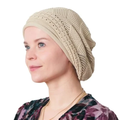 Image of Oversized Slouchy Crochet Beanie for Women, 100% Cotton Rasta Hat Men Tam Cap Dreadlocks Beige