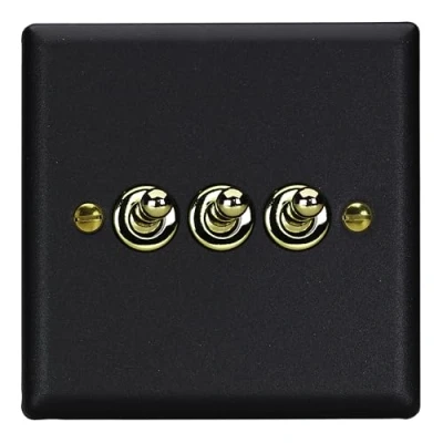 Image of Varilight Vogue Collection Matt Black 3 Gang 1 or 2 Way 10 Amp Toggle Switch with Brass