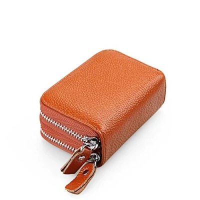 Image of AprinCtempsD RFID Blocking Women&#039;s Credit Card Holder Genuine Leather Ladies Small Coin Purse Men&#039;s Mini Wallet with Double Zipper (Brown)