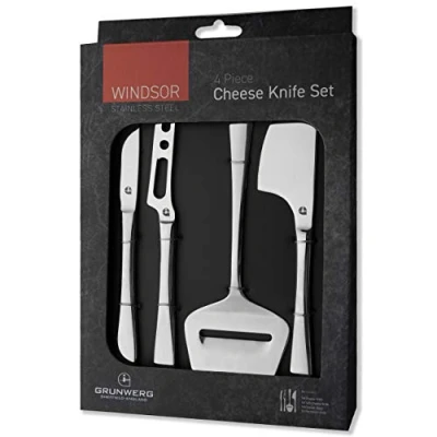 Image of Grunwerg Windsor Carded 4 Piece Stainless Steel Cheese Knife Set 4BXCHKWDR, 18/0 Steel, Silver