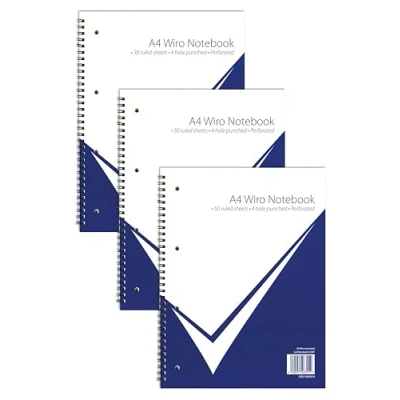 Image of nu: Notebooks Office Range A4 Wire bound Notebook Stationery Gloss Card Writing Pad 50 Pages,White Multipack of 3