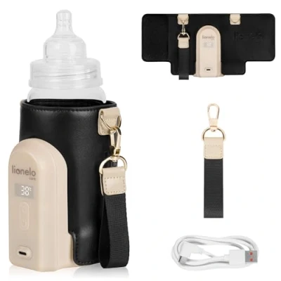 Image of Lionelo Thermup Go Evo Advanced Portable Bottle Warmer with USB C 9hr Battery LCD Display 5 Temperature Settings 38 50C Fits 50 80mm Bottles, Car Charger Compatible, Safety Control (Black Gold, EVO)