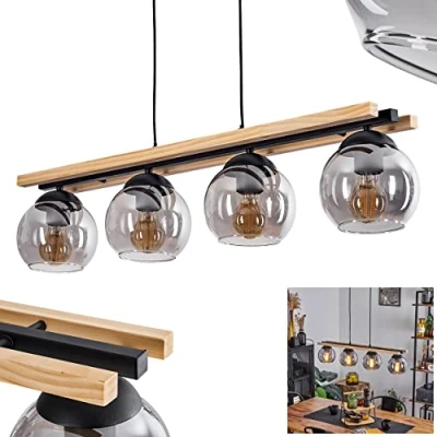 Image of Podre Pendant Light, Modern Light Made of Metal/Wood/Glass in Black/Nature/Smoke Colour, 4 Flame Hanging w.Glass lampshade (15 cm) and Wooden Rod, max. 129 cm, E27, Bulbs not Included