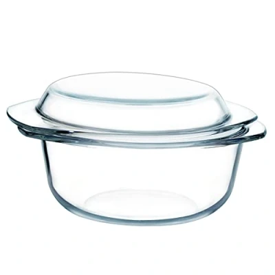 Image of Glass Casserole Dish with Lid, 1.5L (17cm) Round Oven Proof, High Resistance, Lid and Handles(M 1.5L)