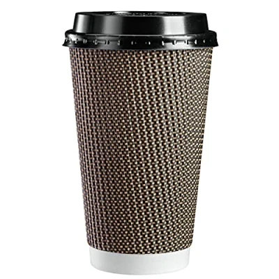 Image of Comfy Package [50 Sets 16 oz. 475 ml Insulated Brown Patterned Ripple Paper Hot Coffee Cups with Lids