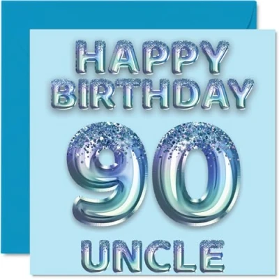 Image of 90th Birthday Card for Uncle Blue Glitter Party Balloons Happy Cards 90 Year Old from Nephew Niece, 145mm x Bday Greeting Gift