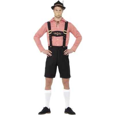 Image of Smiffys Beer Festival Costume, Red with Shirt &amp; Lederhosen, Oktoberfest Fancy Dress, Adult Dress Up Costumes