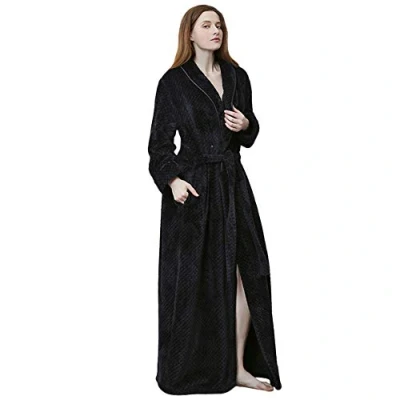 Image of GUOCU Ladies Soft Fleece Dressing Gown Full Length Fluffy Bathrobe Zip Up Black M