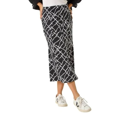 Image of Roman Originals Jersey Skirt for Women UK Ladies Midi Maxi Ditsy Floral Summer Spring Holiday Swing Shape Vacation Smart Casual Work Cocktail Party Going Out Noir Blanc Size 16
