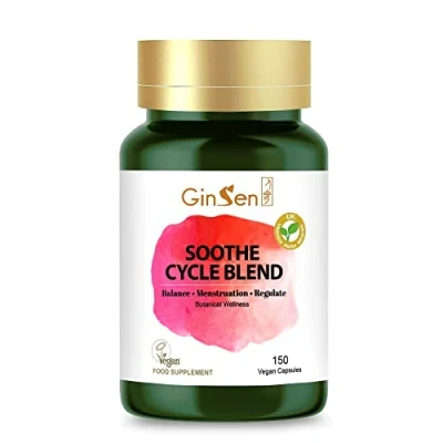 Image of GinSen Soothe Cycle Blend, Natural PMS Relief for Women, Period Management, 150 Capsules, Vegan Approved Supplement, Made in UK