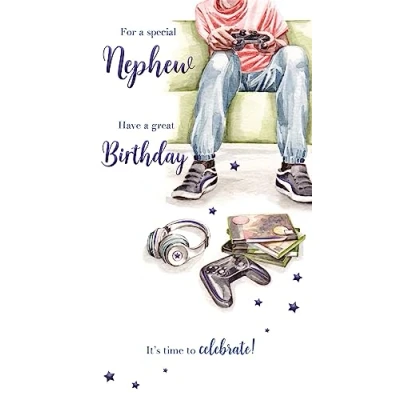 Image of ICG Special Nephew Birthday Card Boy Gaming with Headphones, Stars and Foil Details Made in the UK