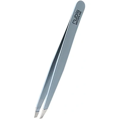 Image of Rubis Classic Collection Professional Eyebrow Tweezers Slanted Tip for Plucking and Hair Removal (Light Blue)