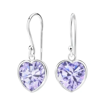 Image of The Goldmine Genuine 925 Sterling Silver dangly Heart Hook Earrings with Light Purple Lavender Amethyst CZ June Birthstone