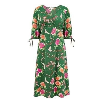 Image of Yumi Womens Green Recycled Crane Print Kimono Midi Dress Size 8 UK
