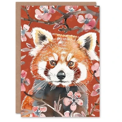Image of Artery8 Greeting Card Red Panda Cherry Blossom Tree Branch Watercolour Blank For Him Or Her Art Birthday