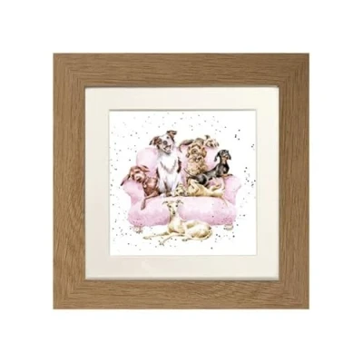 Image of Wrendale Designs Dog Framed Picture in Wood Frame &quot;Movie Night&quot; (Oak)