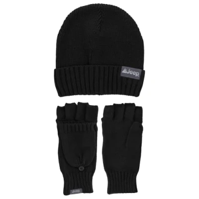 Image of Jeep Unisex&#039;s Beanie &amp; Convertible Glove Set Winter Accessory, Black, One Size fits Most