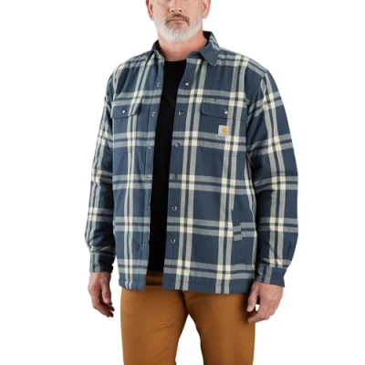 Image of Carhartt Men&#039;s Big &amp; Tall Relaxed Fit Flannel Sherpa Lined Shirt Jac, Dark Blue