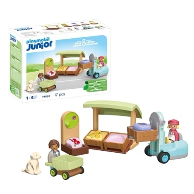 Image of Playmobil 71691 JUNIOR: Organic Market Stall and Forklift, educational toy, made from over 90% plant based plastics, fun imaginative role play, playset suitable for children ages 1+