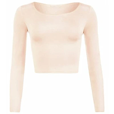 Image of Womens Crop Long Sleeve T Shirt Ladies Short Plain Round Neck Top Fitness Workout Running Shirts Cropped Tops (Nude UK 12 14)