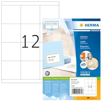 Image of HERMA Self Adhesive Multipurpose Labels, 12 Labels per A4 Sheet, 100 Sheets, 70 x 67.7 mm, 1200 Blank Universal Stickers, Sticky for Laser &amp; Inkjet Printer, White