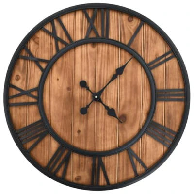 Image of vidaXL Vintage Wall Clock Quartz Movement, Sturdy Metal Frame, Wooden Dial with Roman Numerals 60cm XXL, Brown and Black