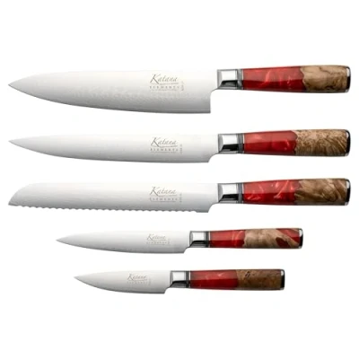 Image of Katana Saya Elements 6 Piece Kitchen Knife Block Set, Volcanic Red, VG 10 Damascus Steel with Olivewood and Resin Handle (KER 600/6B)