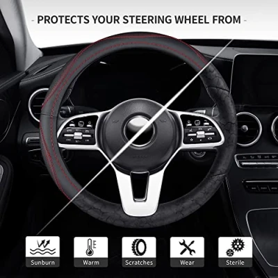 Image of Microfiber Leather 15&quot; Universal Fit Car Steering Wheel Cover, Elastic Breathable and Odorless, Black with Red Accent