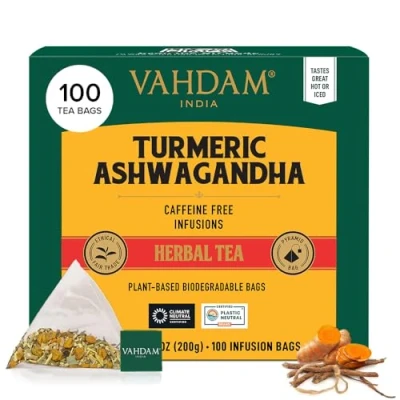 Image of VAHDAM, Turmeric Ashwagandha Herbal Tea Bags (100 Count) Caffeine Free, Non GMO, Gluten Free 100% Pure Blend Sweet &amp; Earthy Whole Loose Leaf Resealable Ziplock Pouch