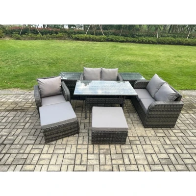 Image of 7 Seater Lounge Rattan Sofa Set Outdoor Garden Furniture Oblong Rectangular Dining Table With Chairs 2 Big Footstool Side Tables Dark Grey Mixed