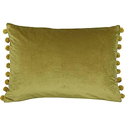 Image of Riva Paoletti Fiesta Rectangular Feather Filled Cushion Green Pompom Edges Faux Velvet Fabric Discreet Zip Closure 100 Case (14&quot; x 20&quot; inches), Polyester, Bamboo/Gold, 35 50cm