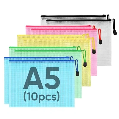 Image of Plastic Wallets, 10Pcs A5 Folders Document Wallets Grid Zip School Bags for School, Office, Home