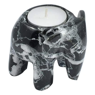 Image of Elephant 3 Inch Marble Fossilstone Tea Light Candle Holder (Black Marble)