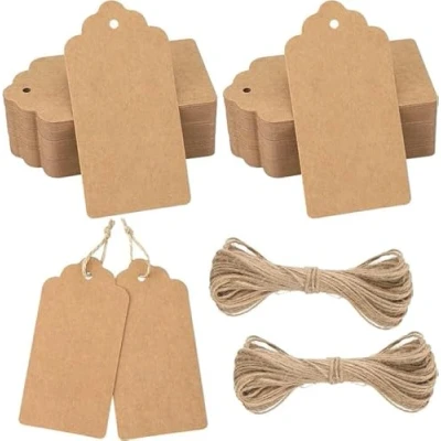 Image of jijAcraft 200PCS Brown Gift Tags, 10x5cm Large Kraft Paper Craft Hang Tags with String for Christmas Wedding Favours