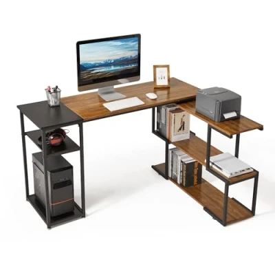 Image of Mondeer L Shaped Computer Desk, Corner 360 Rotating Shelves and Adjustable Storage Shelves, Space Saving for Home Office Studio Workstation, Rustic Brown Black