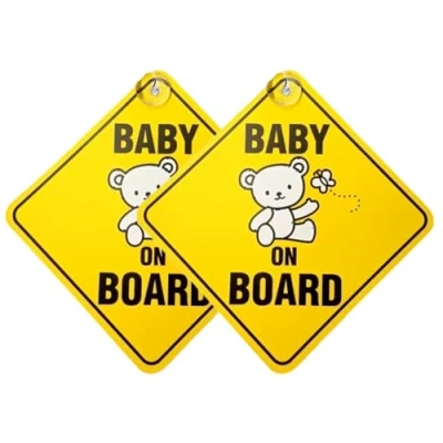 Image of Tek Automotive Baby on Board Sign for Car Twin Pack 5.5&quot; x with Suction Cup Sticker High Visibility Yellow Safety Must Have Parents