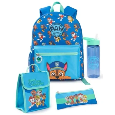 Image of Paw Patrol Boys Backpack Set Kids 4 Piece Blue &amp; Green Rucksack Bundle with School Bag, Pencil Case, Lunch Bag Water Bottle Chase Dog Crew Graphic Complete Matching Back to Gifts