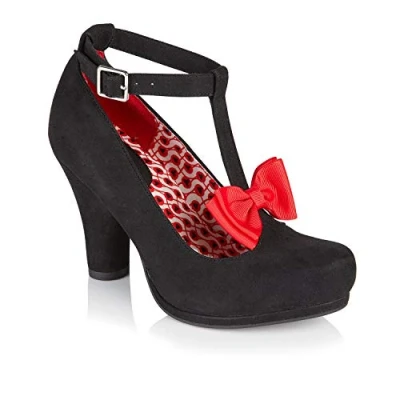 Image of Ruby Shoo Kiara Black High Heel Cut T Bar with Red Bow UK 4