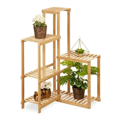 Image of Relaxdays Plant Stand, 6 Shelves, Wheels, Flower Rack, Corner, H x W D: 101 62 cm, Bamboo, Natural