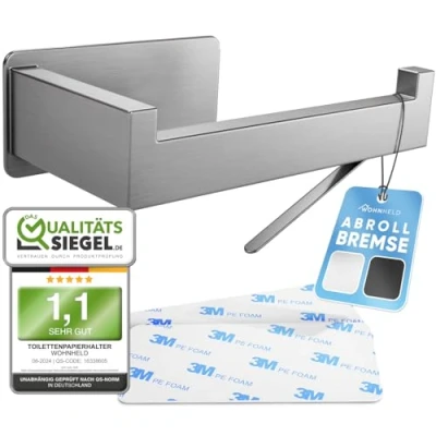 Image of WOHNHELD® Toilet Roll Holder No Drilling [With Brake] Stainless Steel Silver &amp; Black Paper Bathroom