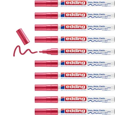 Image of edding 751 gloss paint marker red 10 markers round tip 1 2 mm pen for glass, pebbles, wood, plastic, paper waterproof, high coverage