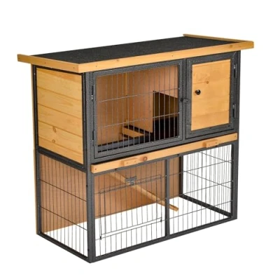 Image of PawHut Wood metal Rabbit Hutch Guinea Pig Elevated Pet House Bunny Cage with Slide Out Tray Openable Roof Outdoor 89.5 x 45 81cm Light Yellow