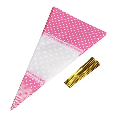 Image of Ladieshow 50 Piece Clear Cone Bags with Twist Ties, Treat Popcorn Cellophane Candy for Party and Sweets(Pink)