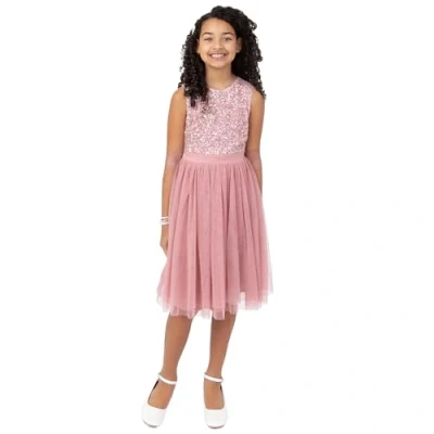 Image of Maya Deluxe Girl&#039;s Midi Dress Sequins Embellished Party Tutu Bridesmaids Wedding with Belt Bow, Vintage Rose, 9 Years