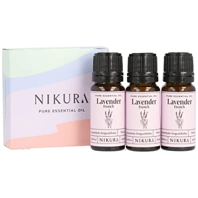 Image of Nikura French Lavender Essential Oil for Sleep Diffusers Home Aromatherapy, Stress Relief, Hair Candle Making, Soap, Fragrance 30ml (3 x 10ml) Vegan, UK Made, 100% Pure